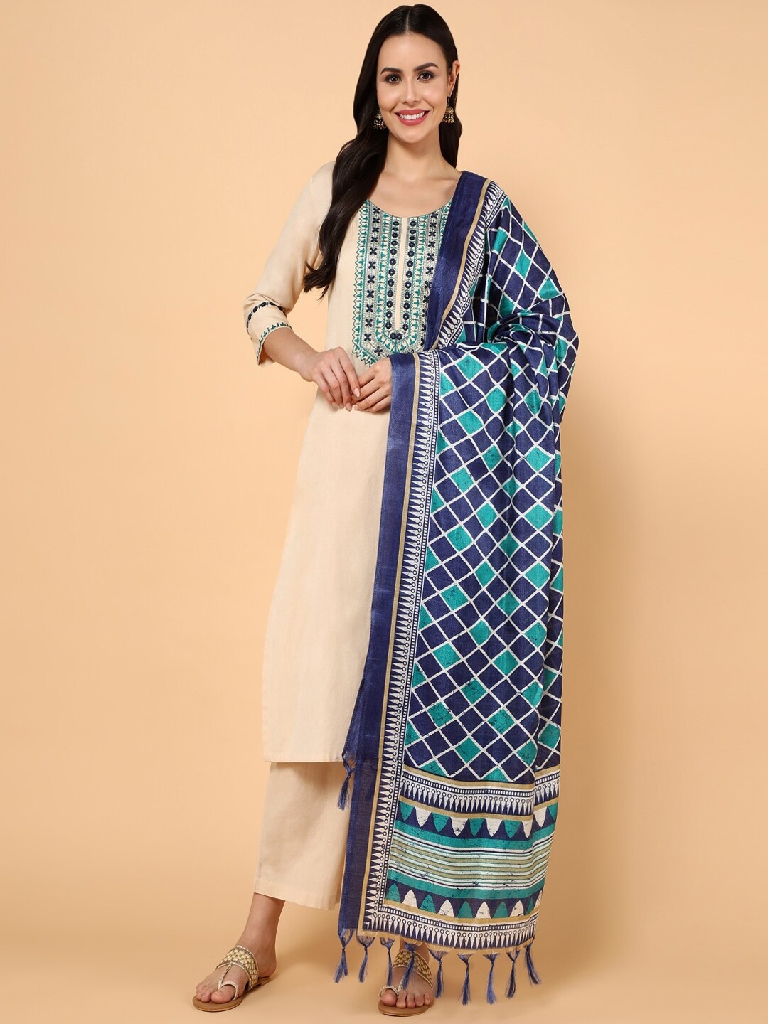 

KALINI Floral Yoke Design Mirror Work Pure Cotton Kurta With Palazzos & Dupatta, Beige