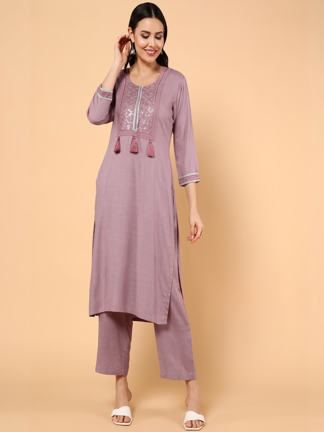 

KALINI Yoke Design Sequinned Pure Cotton Straight Kurta with Trousers, Mauve