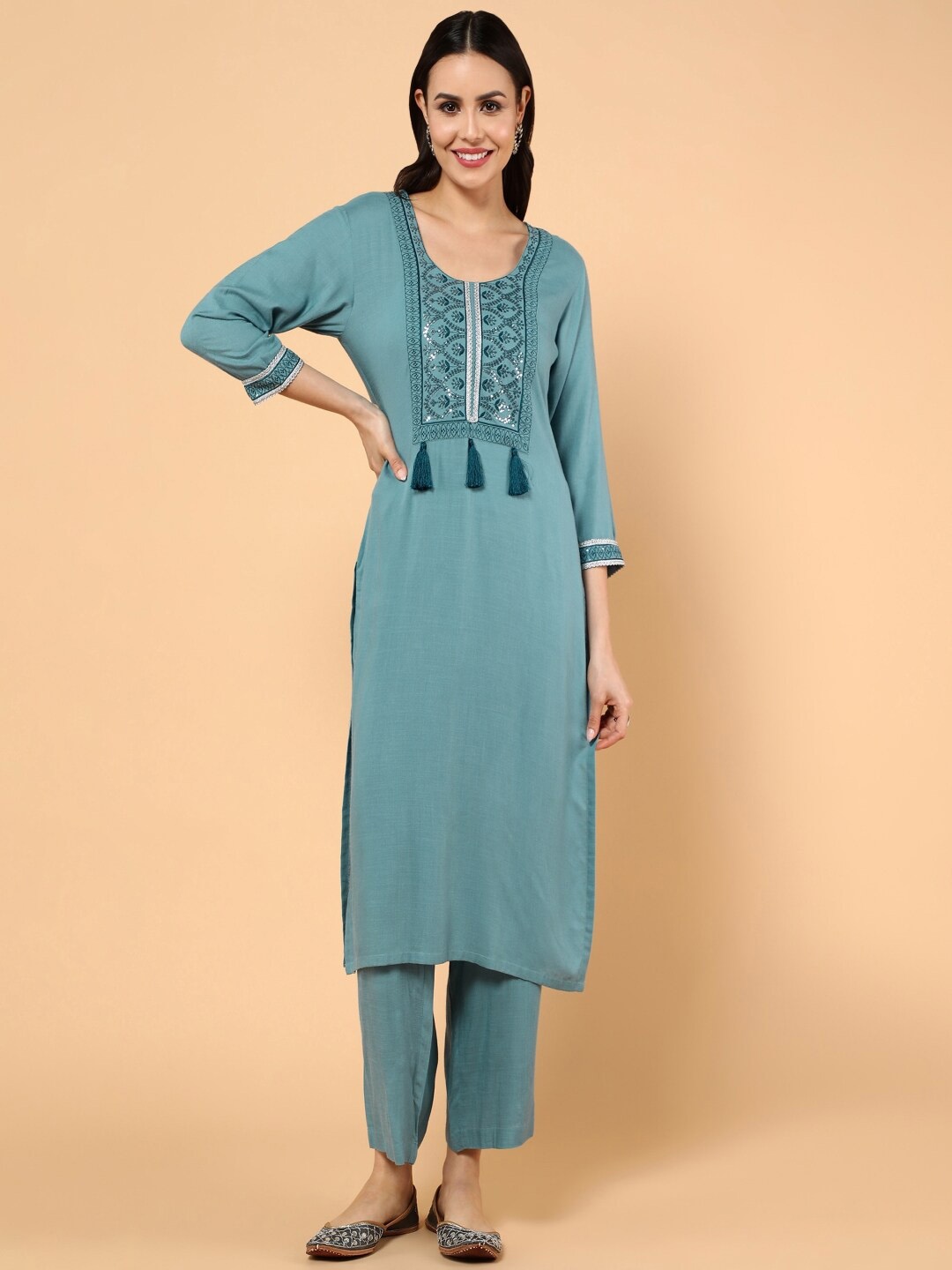 

KALINI Embroidered Regular Sequinned Pure Cotton Kurta with Palazzos, Blue