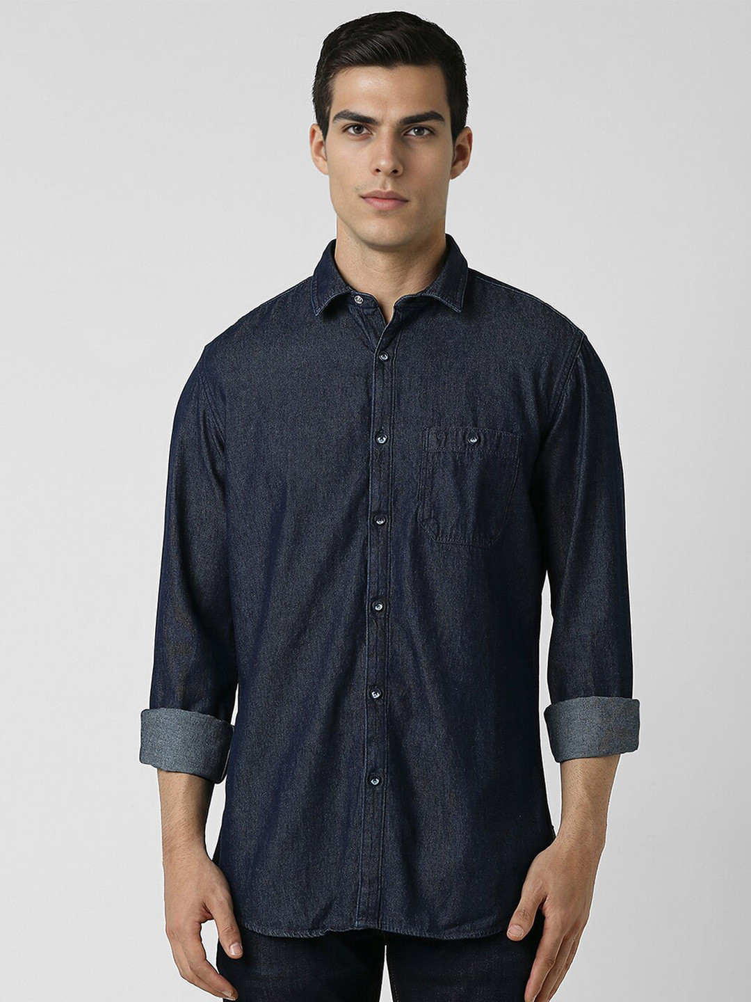 

VAN HEUSEN DENIM LABS Slim Fit Spread Collar Cotton Casual Shirt, Navy blue