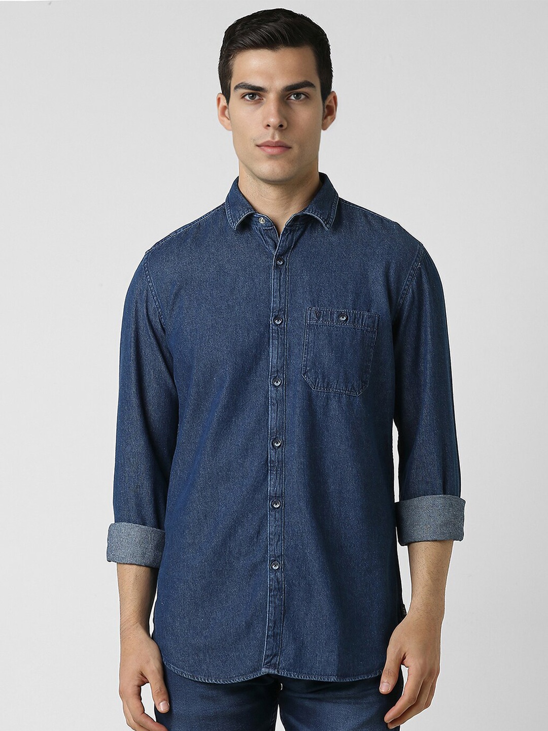 

VAN HEUSEN DENIM LABS Slim Fit Spread Collar Cotton Casual Shirt, Navy blue