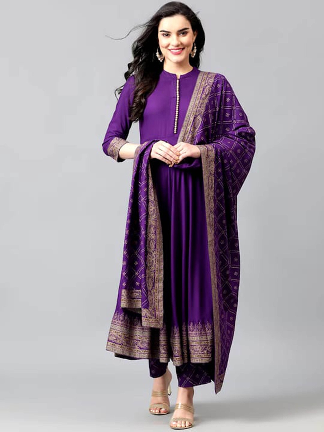 

ORUVAN Floral Printed Pleated Thread Work Kurta With Palazzos & Dupatta, Purple