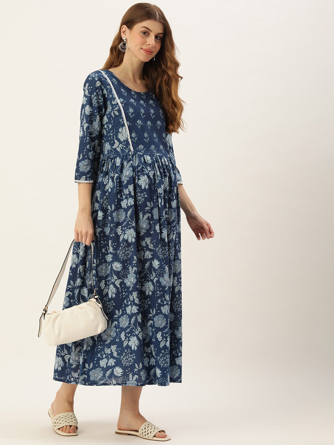 

Vinya Floral Printed Maternity Fit and Flare Dress, Blue