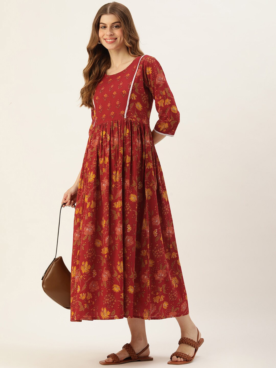 

Vinya Floral Print Maternity Round Neck Cotton A-Line Midi Dress, Red