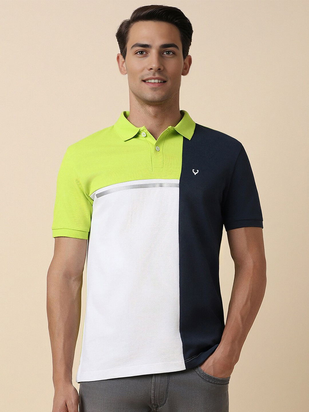 

Allen Solly Colourblocked Polo Collar Cotton Knitted Applique T-shirt, Black