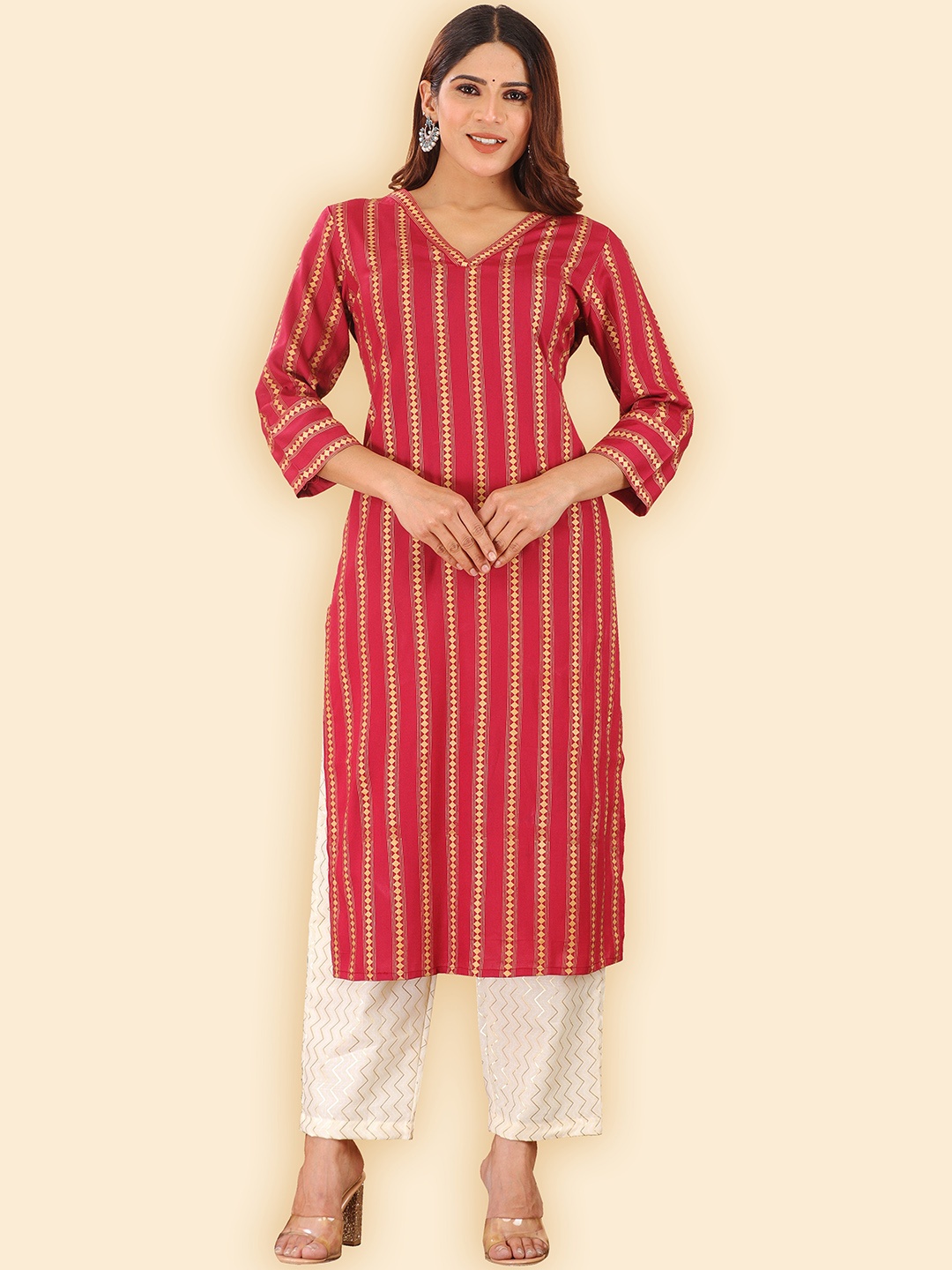 

HERE&NOW V Neck Striped Printed Straight Kurta, Maroon