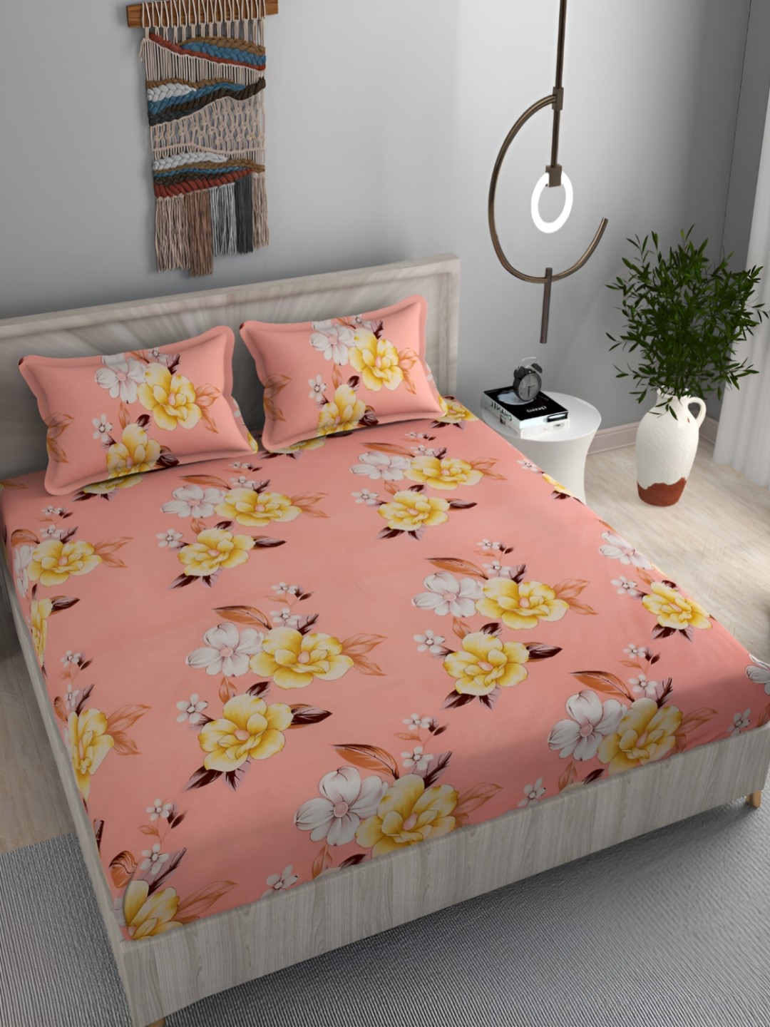 

FINE TEX WORLD Pink & Mustard Floral 180 TC Microfiber Queen Bedsheet With 2 Pillow Covers