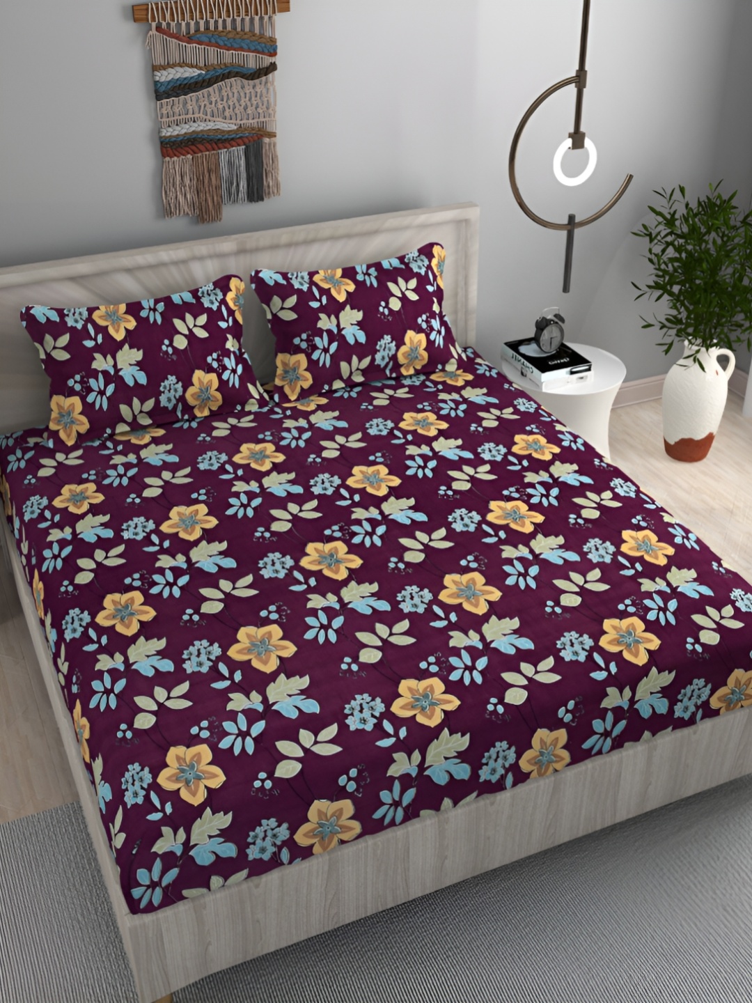 

FINE TEX WORLD Purple Floral 180 TC Microfiber Queen Bedsheet With 2 Pillow Covers