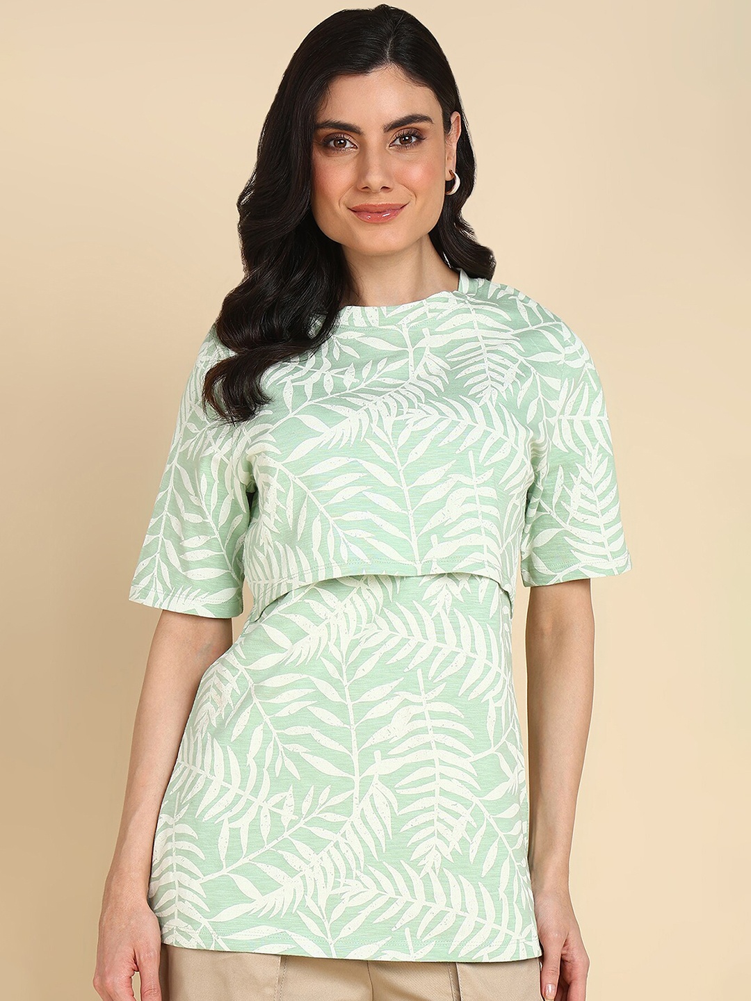 

House Of Zelena Tropical Print Round Neck Maternity Longline Cotton Top, Green