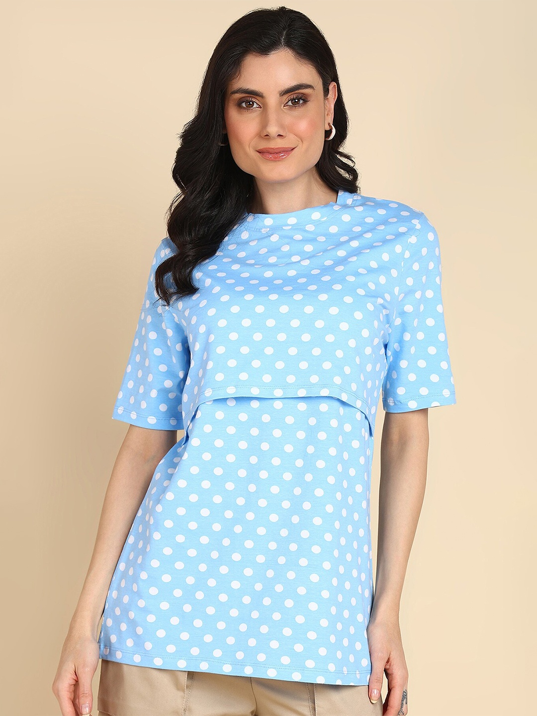 

House Of Zelena Polka Dot Print Round Neck Short Sleeves Cotton Feeding Top, Blue