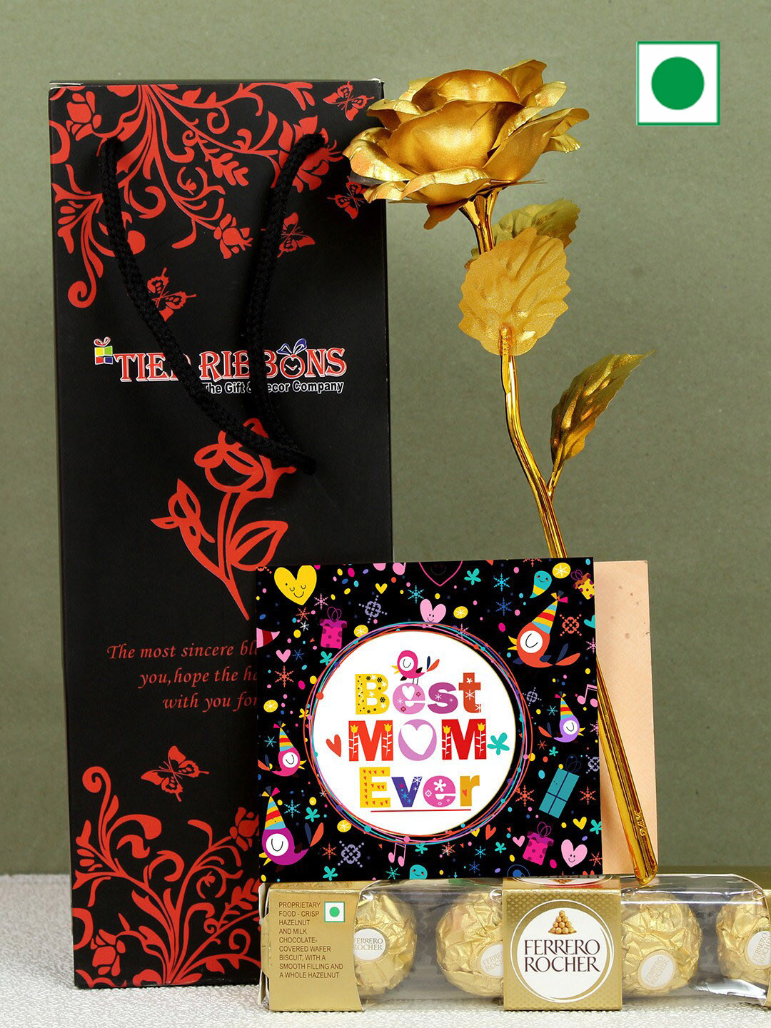 

TIED RIBBONS Set Of 3 Mothers Day Rose & Card with Ferrero Rocher Chocolate Gift Hamper, Gold