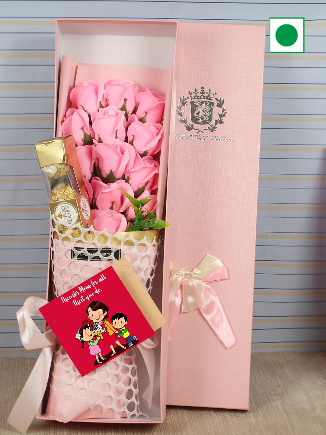 

TIED RIBBONS Set Of 3 Mothers Day Bouquet & Card with Ferrero Rocher Chocolate Gift, Pink