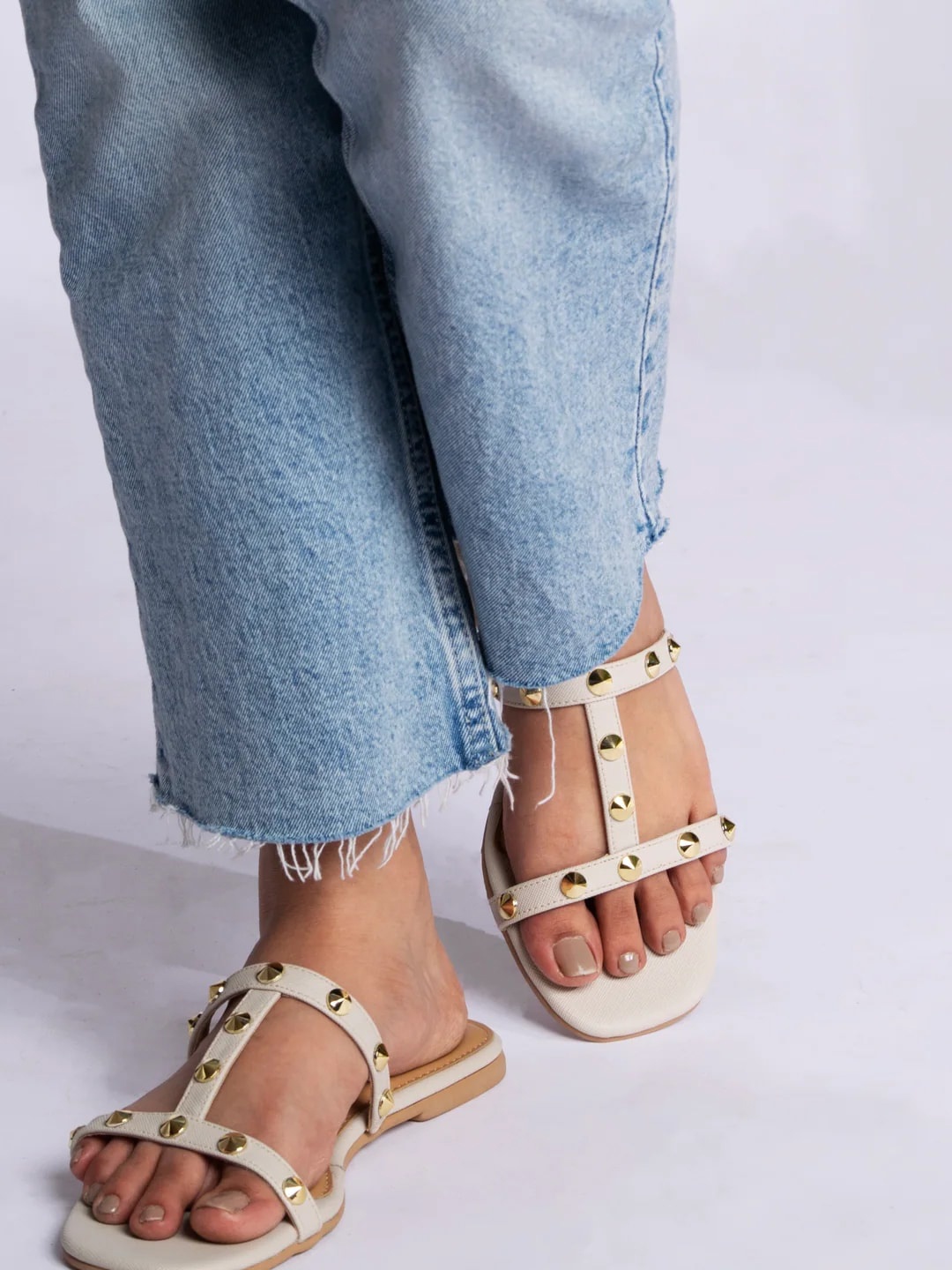 

CAI Women Studded Open Toe Flats, Cream