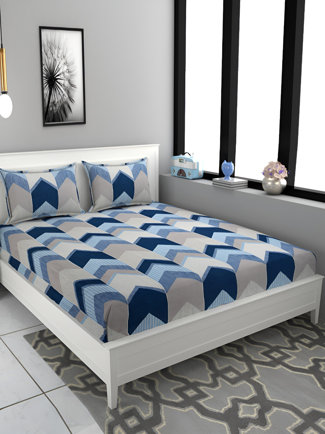

FINE TEX WORLD Blue & Grey Geometric 180 TC Microfiber Queen Bedsheet With 2 Pillow Covers