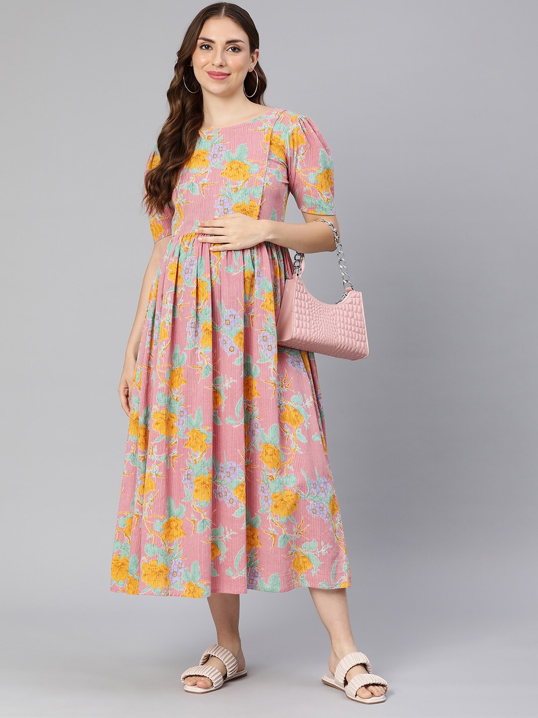 

Swishchick Floral Printed Puff Sleeves Gathered Cotton Maternity Fit & Flare Midi Dress, Pink
