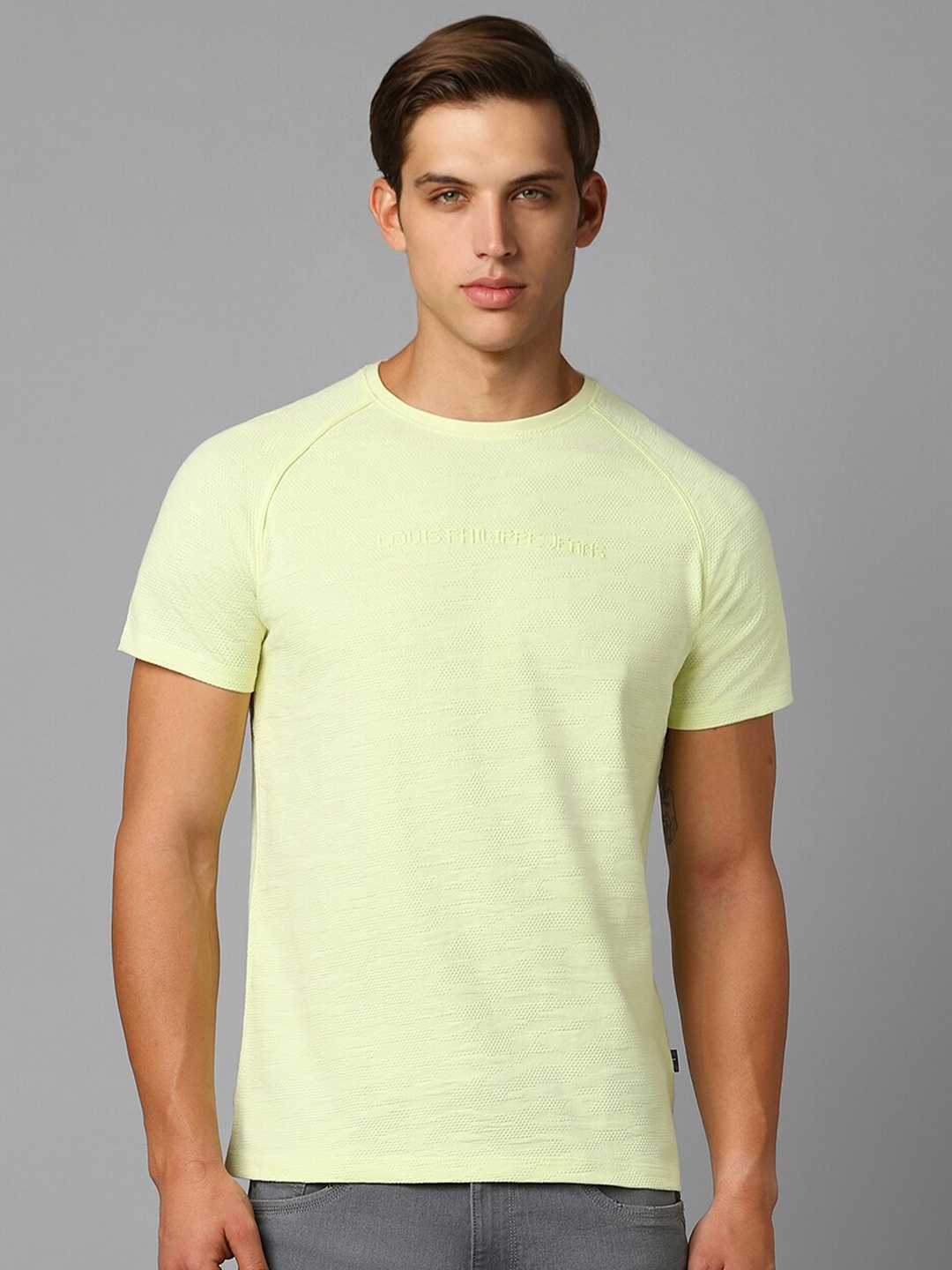 

Louis Philippe Jeans Self Design Raglan Sleeves Pure Cotton Slim Fit T-shirt, Yellow