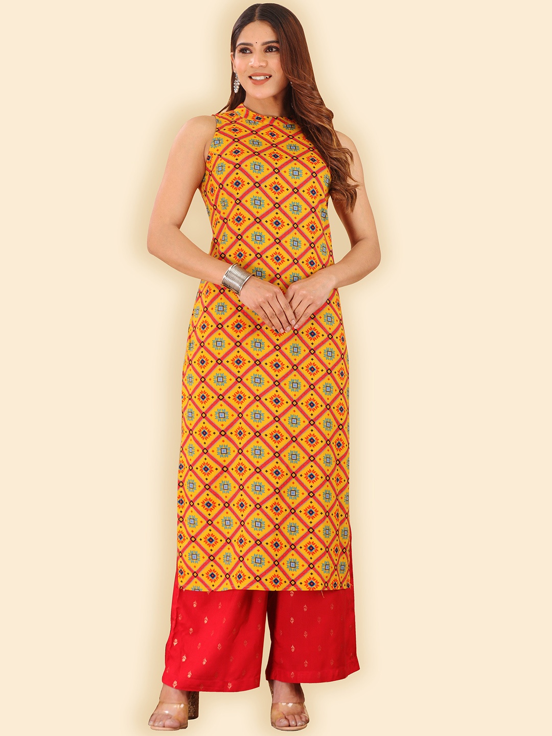 

HERE&NOW High Neck Sleeveless Geometric Printed Straight Kurta, Mustard