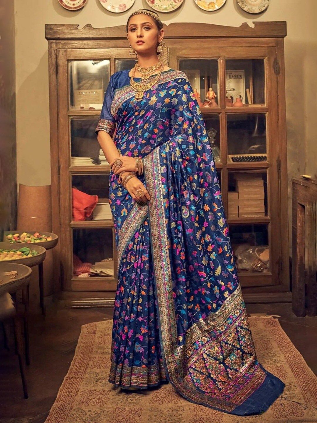 

Flosive Floral Art Silk Banarasi Saree, Blue