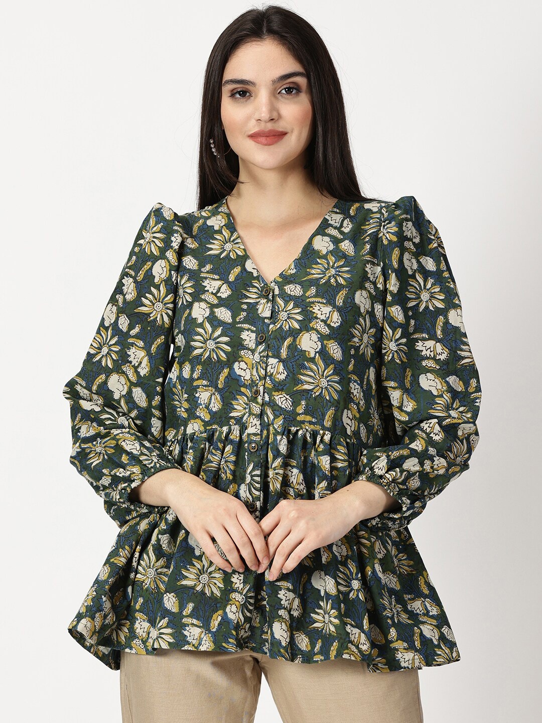 

Weaves of Tradition Floral Print Puff Sleeve Cotton Empire Top, Green