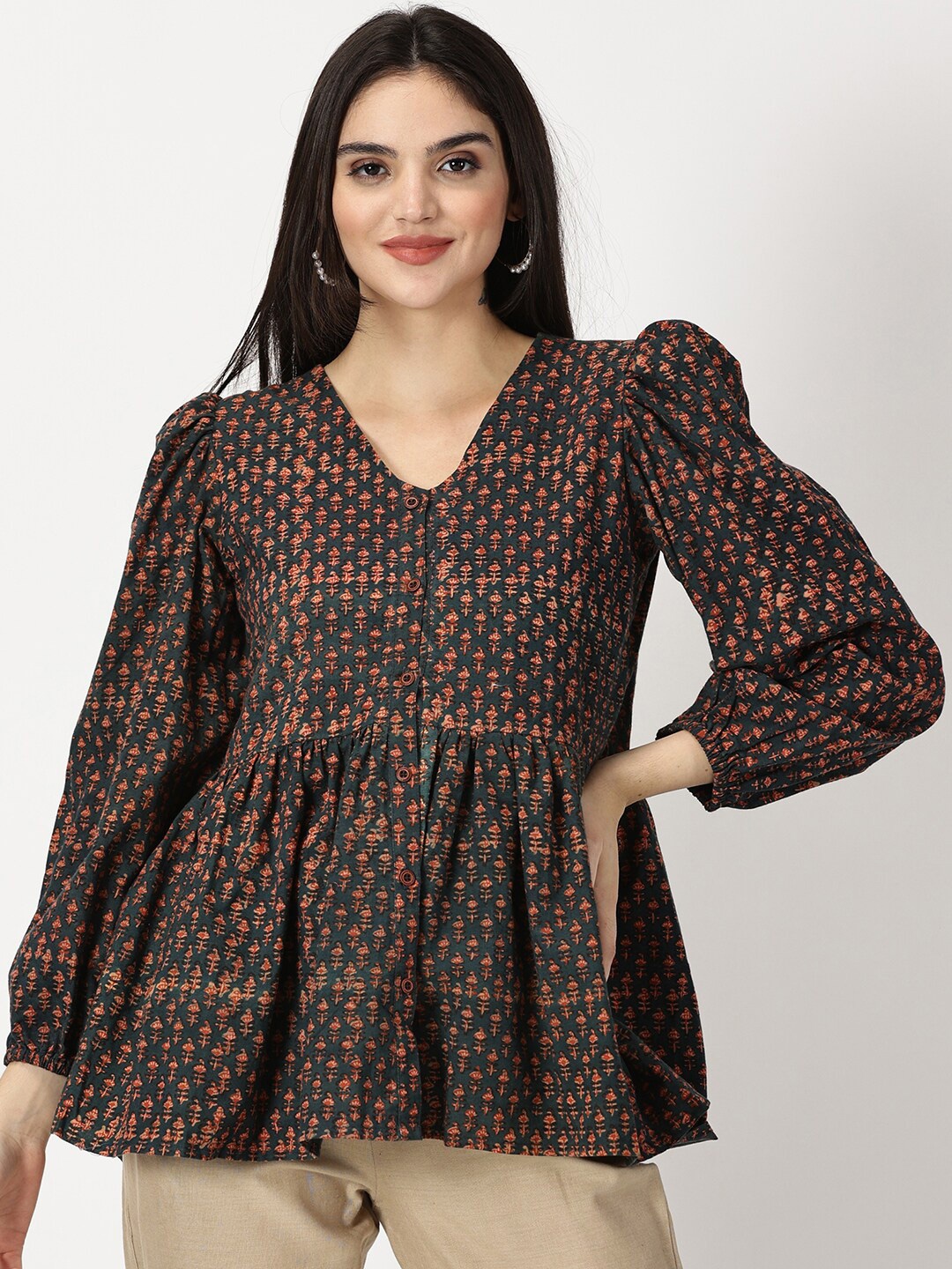 

Weaves of Tradition Print Puff Sleeve Cotton Top, Green