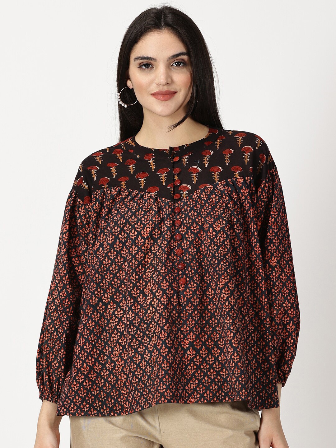 

Weaves of Tradition Floral Print Puff Sleeve Ethnic Cotton Top, Black