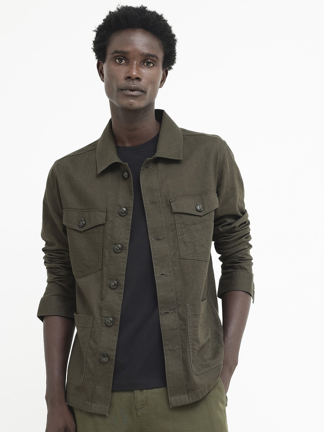 

RARE RABBIT Men Gatter Spread Collar Denim Jacket, Olive