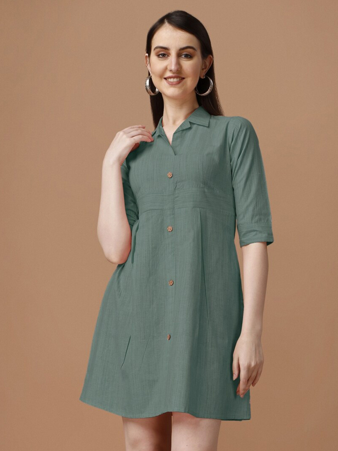 

Growdamy Shirt Collar Cotton A-Line Dress, Green