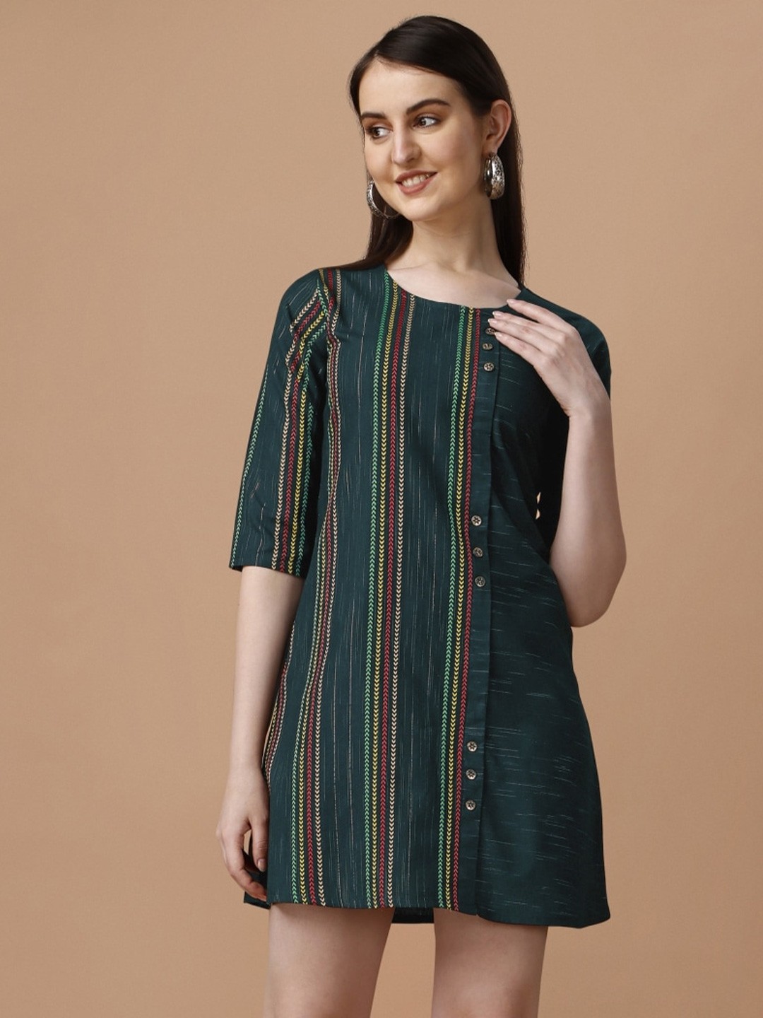 

Growdamy Round Neck Cotton Striped A-Line Dress, Green