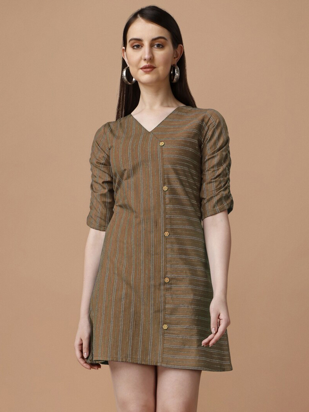 

Growdamy Striped V-Neck Cotton A-Line Dress, Brown