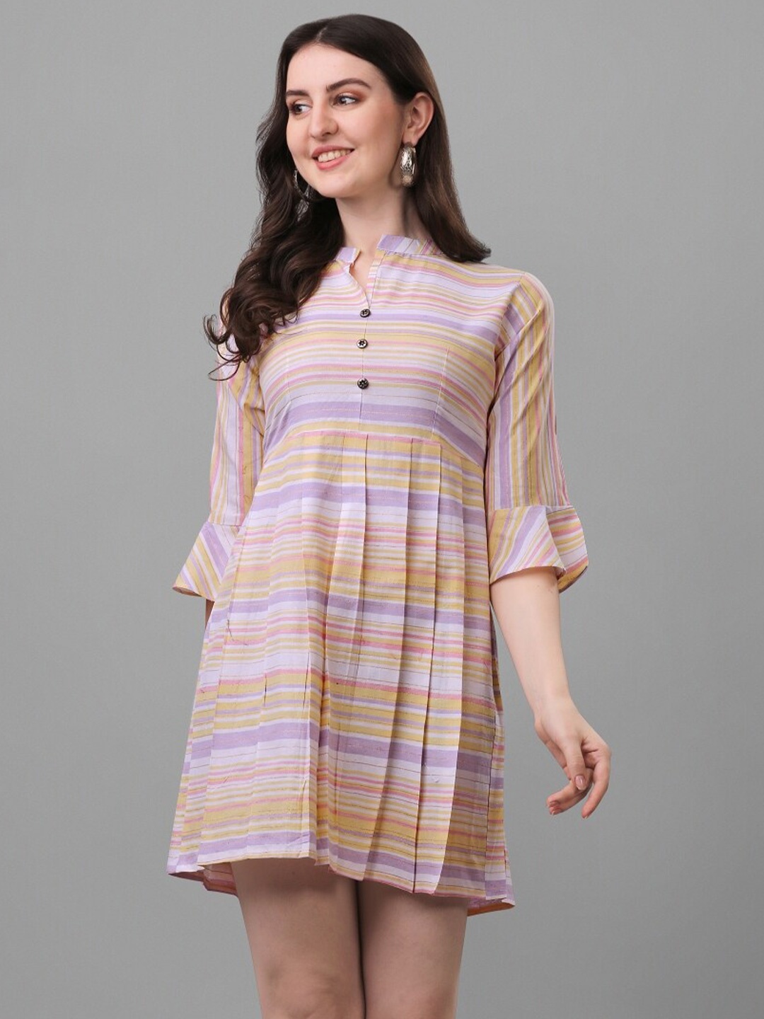 

Growdamy Mandarin Collar Striped Bell Sleeve Cotton A-Line Dress, Purple