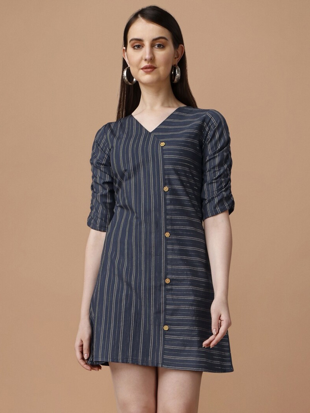 

Growdamy V-Neck Puff Sleeves Cotton Striped A-Line Dress, Blue