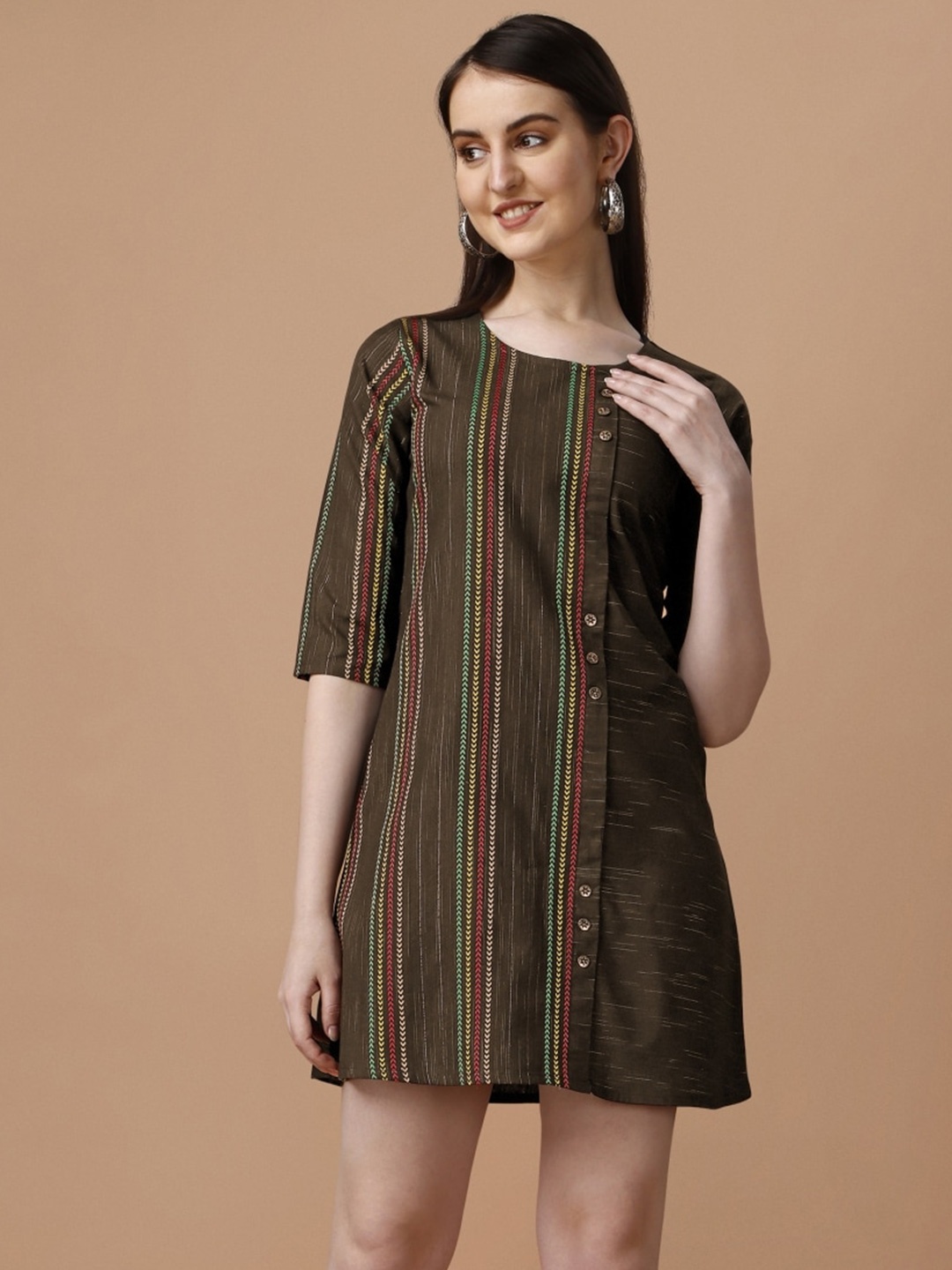 

Growdamy Round Neck Striped Cotton A-Line Dress, Brown