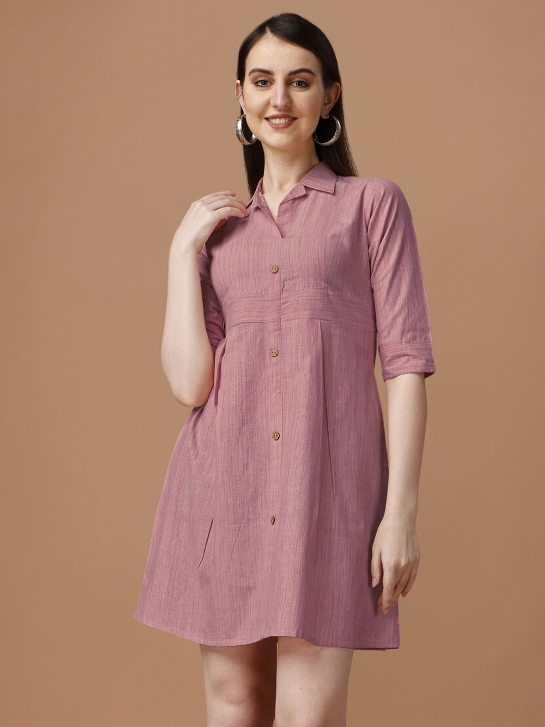 

Growdamy Shirt Collar Three-Quarter Cotton Sleeves Dress, Maroon