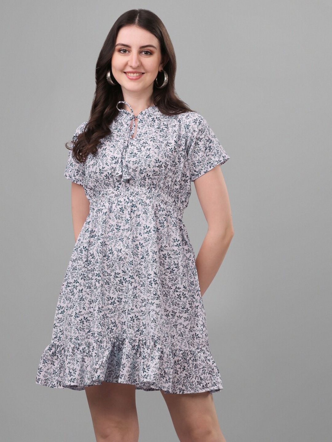 

Growdamy Floral Printed Tie Up Neck Cotton Fit & Flare Dress, Blue
