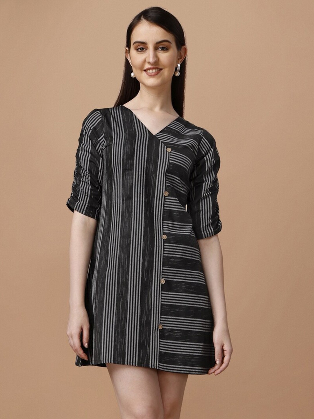 

Growdamy V-Neck Striped A-Line Dress, Black