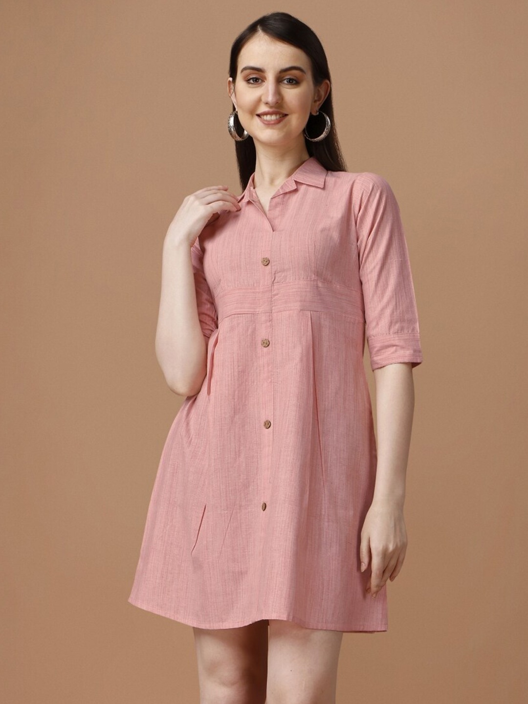 

Growdamy Cotton Shirt Collar A-Line Dress, Pink