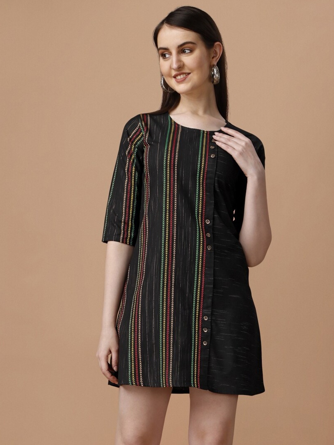 

Growdamy Striped Round Neck Cotton A-Line Dress, Black