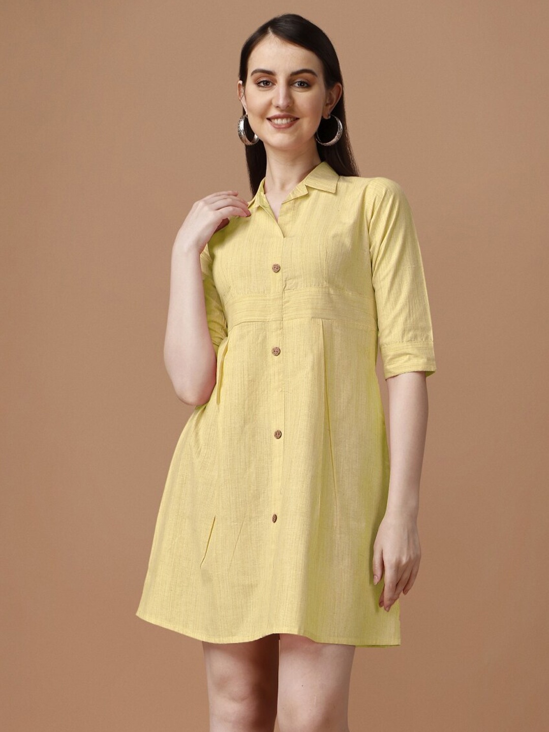 

Growdamy Cotton Shirt Collar A-Line Dress, Yellow