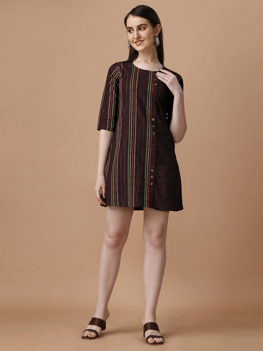 

Growdamy Round Neck Cotton Striped A-Line Dress, Maroon