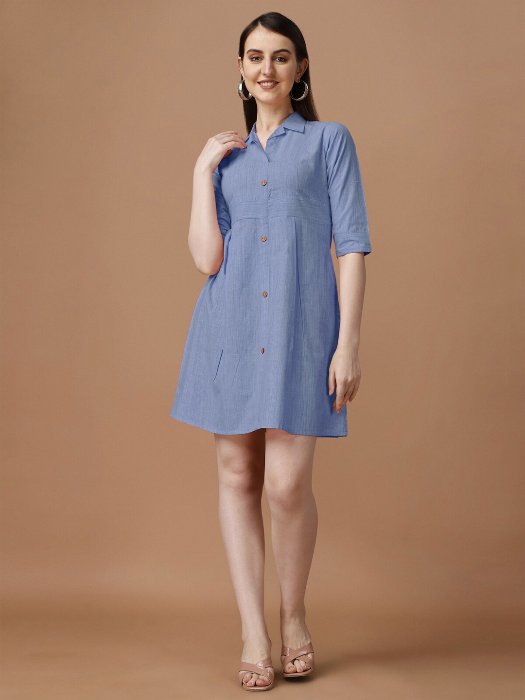 

Growdamy Shirt Collar Cotton A-Line Dress, Blue