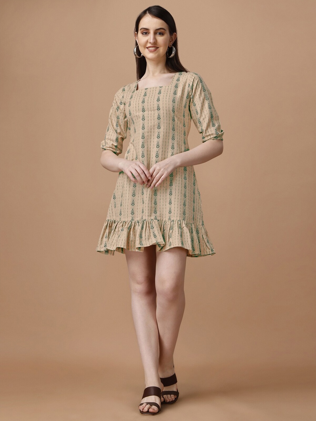 

Growdamy Striped Square Neck Cotton A-Line Dress, Green