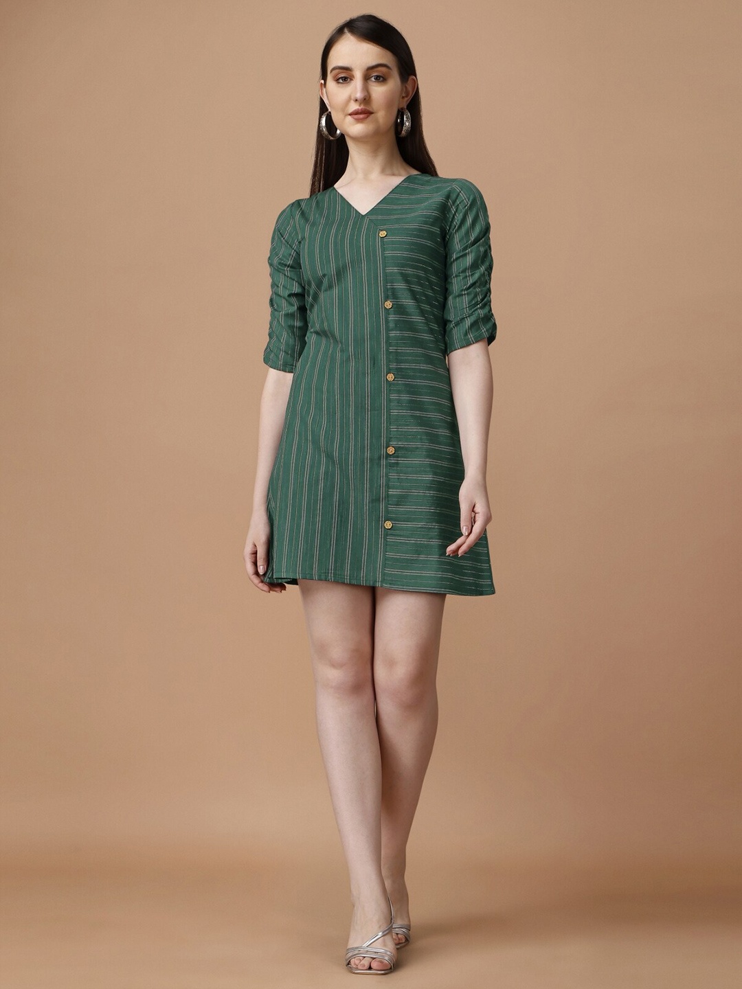 

Growdamy Striped V-Neck Cotton A-Line Dress, Green