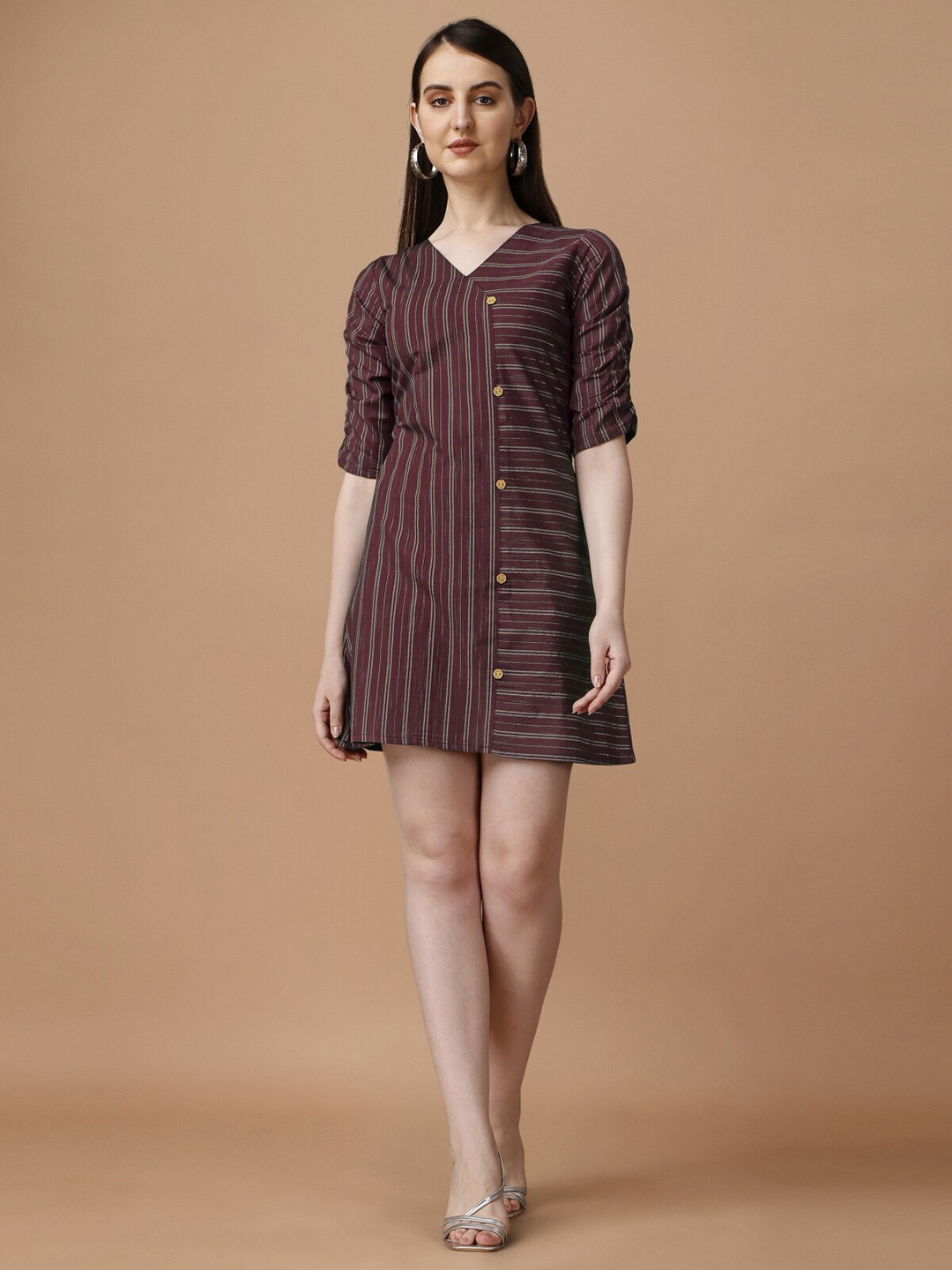 

Growdamy V-Neck Striped Cotton A-Line Dress, Maroon