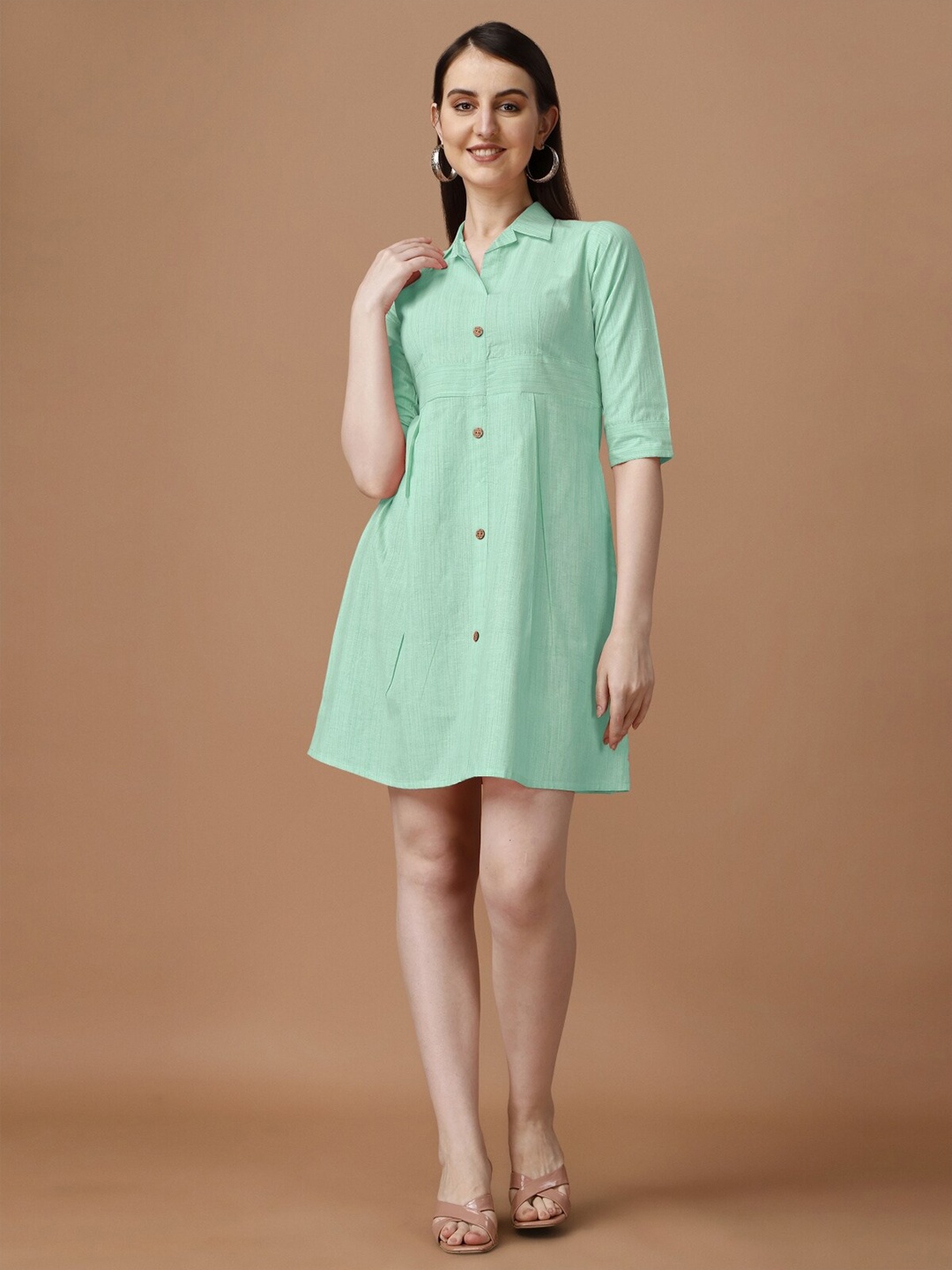 

Growdamy Shirt Collar Cotton A-Line Dress, Green
