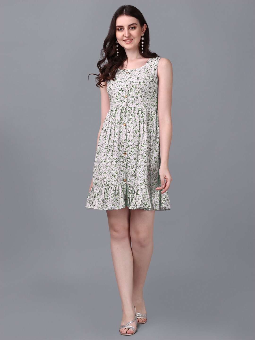 

Growdamy Floral Printed Round Neck Cotton Empire Dress, Green