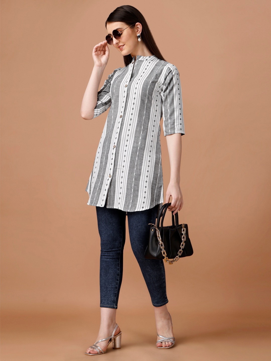 

Growdamy Striped Mandarin Collar Cotton A-Line Mini Dress, Grey
