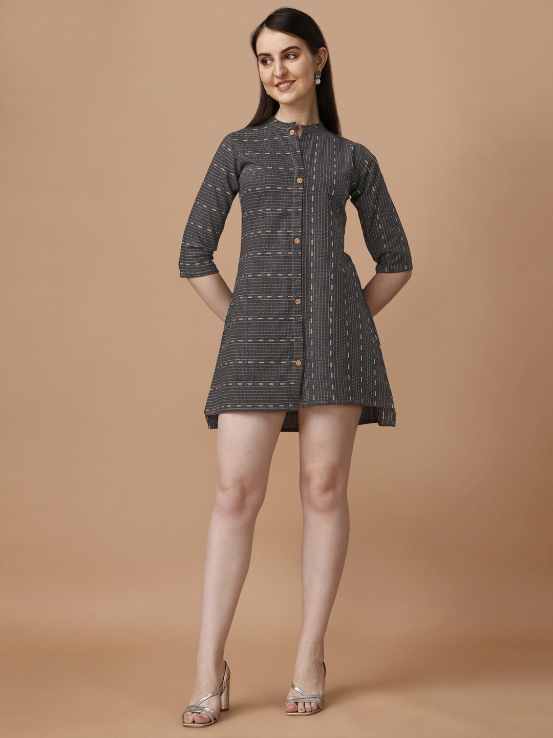 

Growdamy Geometric Printed Mandarin Collar Cotton A-Line Mini Dress, Grey