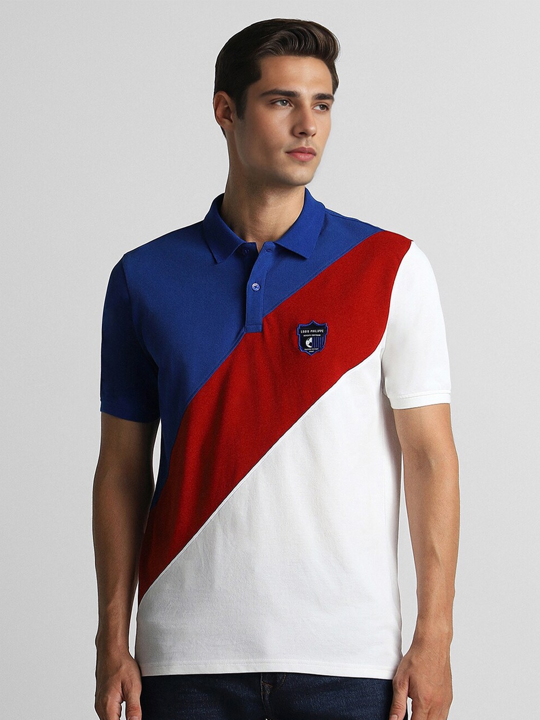 

Louis Philippe Sport Colourblocked Polo Collar Pure Cotton Slim Fit T-shirt, Red