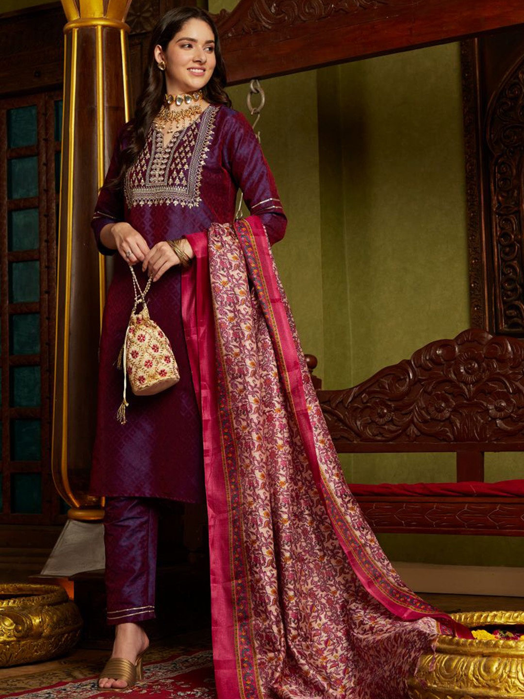 

Sangria Floral Embroidered Zari & Sequence Art Silk Kurta With Trousers & Dupatta, Purple