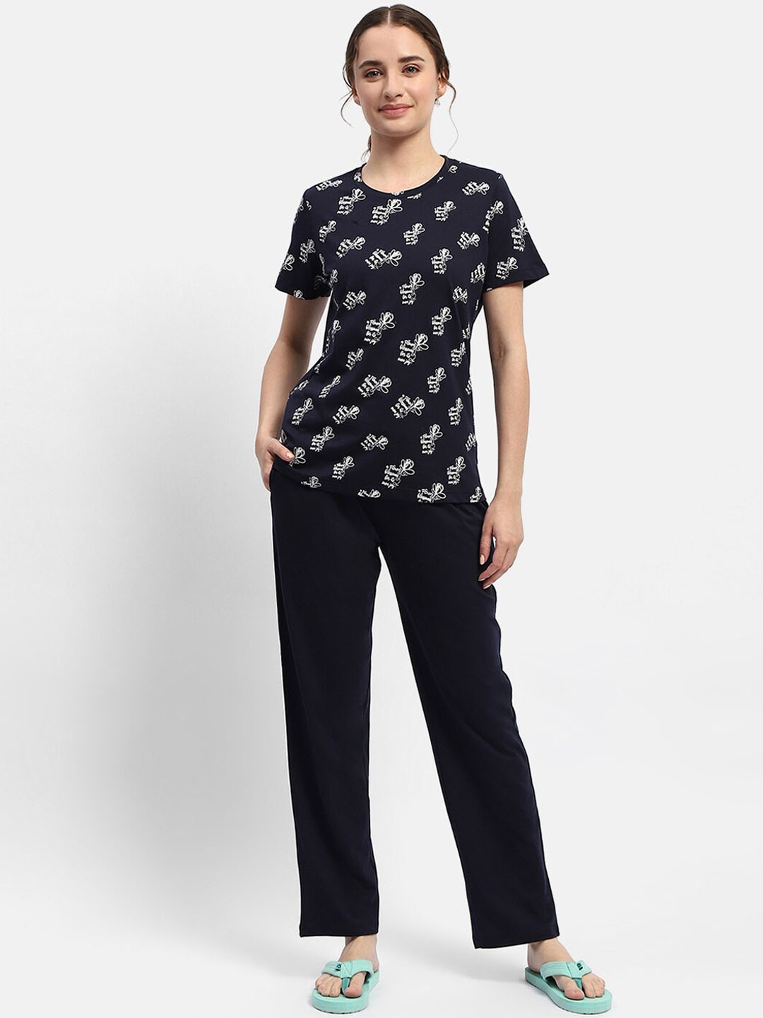 

MADAME M SECRET Printed Pure Cotton Night suit, Navy blue